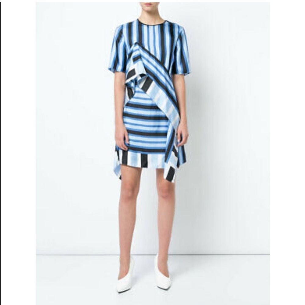 DIANE VON FURSTENBERG 100% Silk Blue Striped Ruffle Shirt Dress